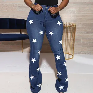 Star Pattern High Waist Bell Bottom Jeans