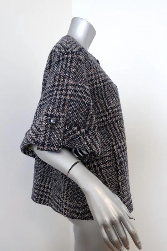 Stella Jean Tweed Jacket Beige/Navy Houndstooth Plaid Size 42 Short Sleeve