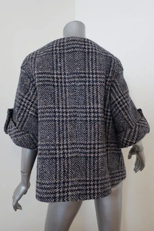 Stella Jean Tweed Jacket Beige/Navy Houndstooth Plaid Size 42 Short Sleeve