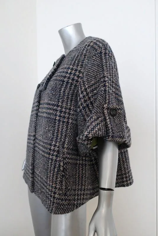 Stella Jean Tweed Jacket Beige/Navy Houndstooth Plaid Size 42 Short Sleeve
