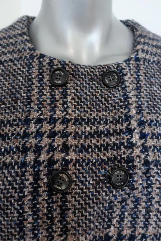 Stella Jean Tweed Jacket Beige/Navy Houndstooth Plaid Size 42 Short Sleeve