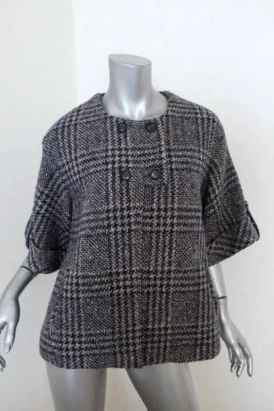 Stella Jean Tweed Jacket Beige/Navy Houndstooth Plaid Size 42 Short Sleeve