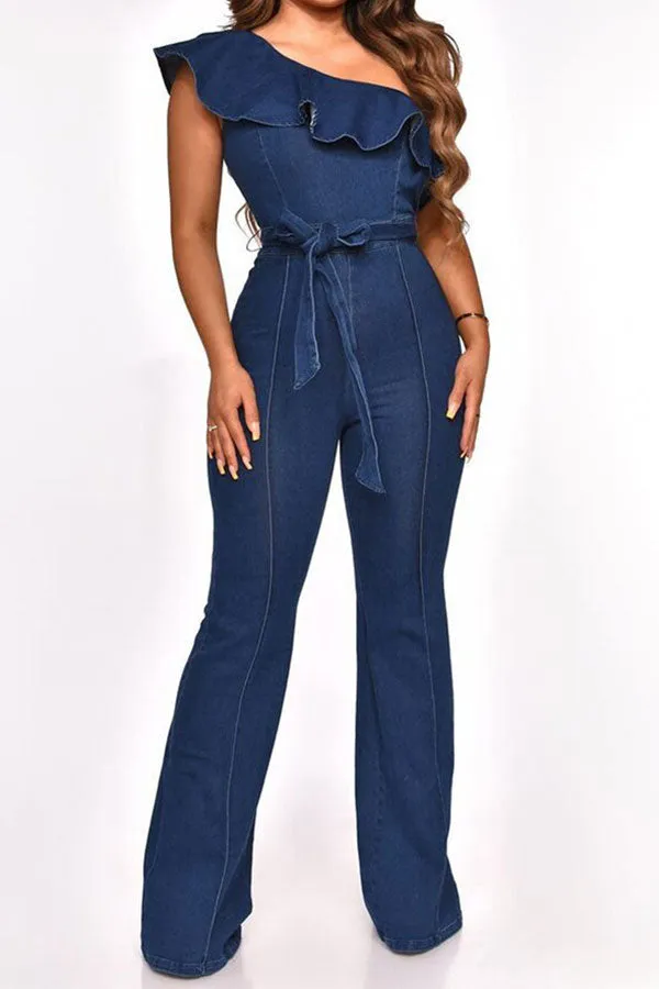 storexq Denim Smart Ruffle Jumpsuit (With Belt)