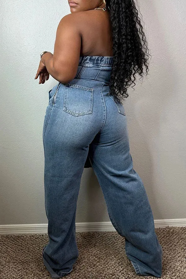 storexq Solid Color Bandeau Classic Denim Jumpsuit