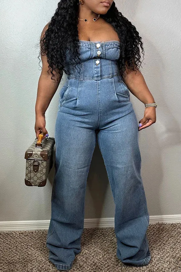 storexq Solid Color Bandeau Classic Denim Jumpsuit