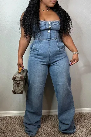 storexq Solid Color Bandeau Classic Denim Jumpsuit