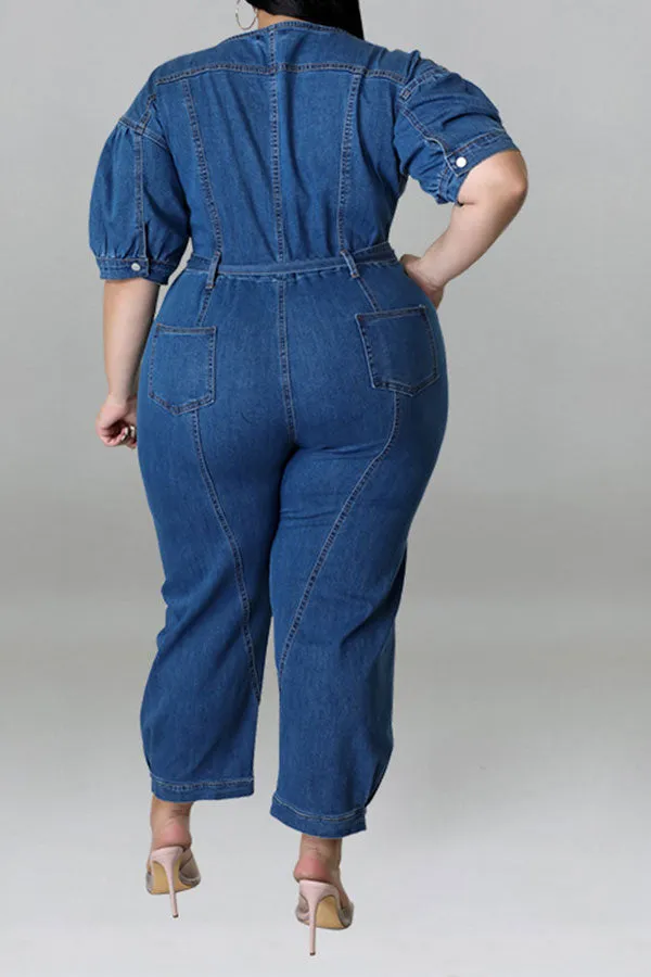 storexq Solid Color Casual Zipper Denim Jumpsuit With Belt