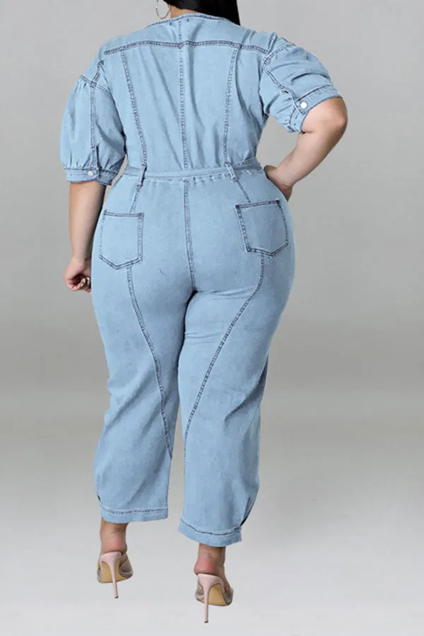 storexq Solid Color Casual Zipper Denim Jumpsuit With Belt