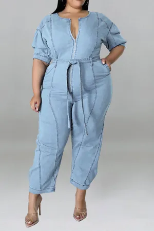 storexq Solid Color Casual Zipper Denim Jumpsuit With Belt
