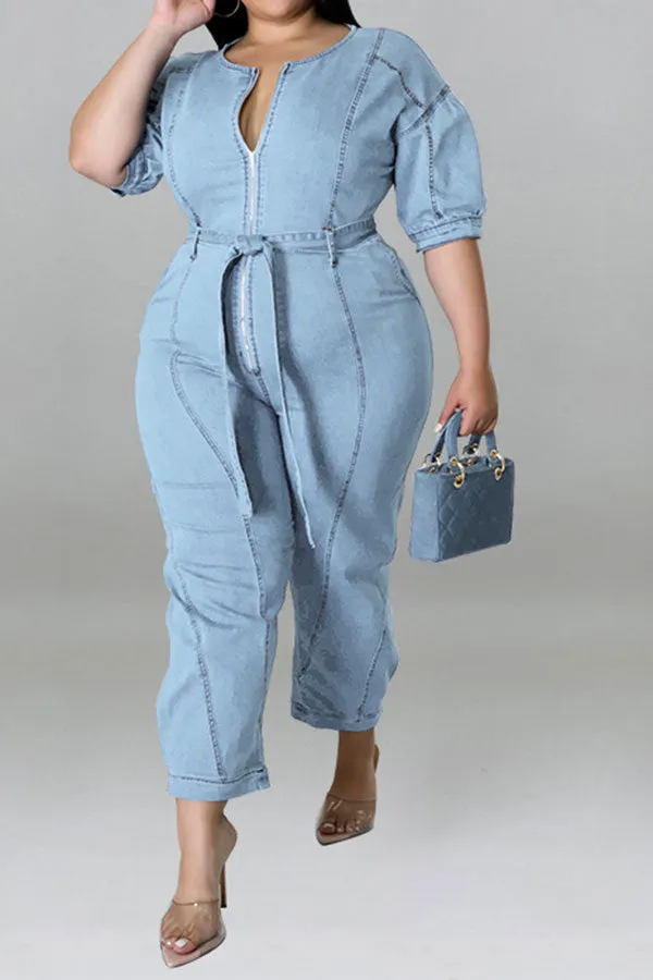 storexq Solid Color Casual Zipper Denim Jumpsuit With Belt