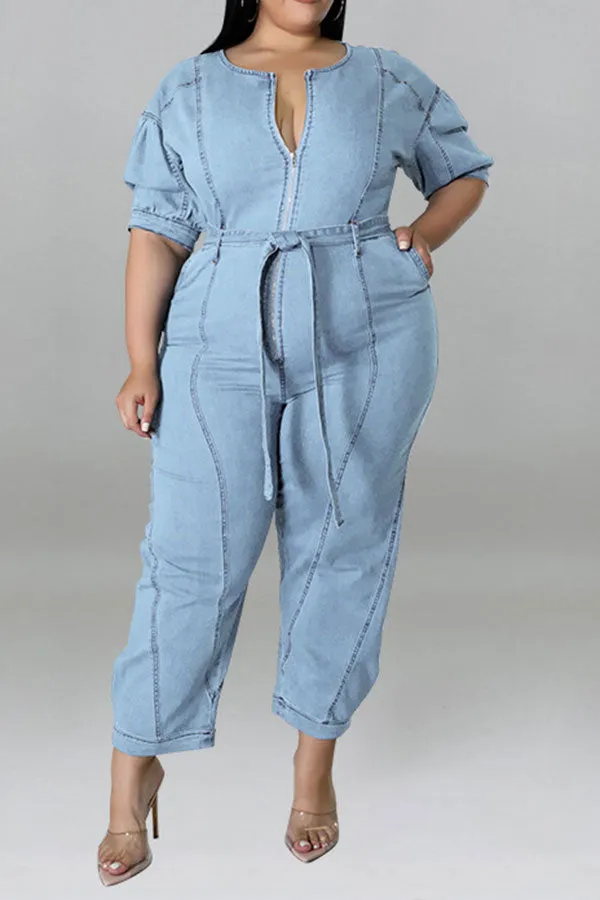 storexq Solid Color Casual Zipper Denim Jumpsuit With Belt