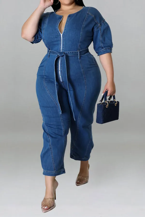 storexq Solid Color Casual Zipper Denim Jumpsuit With Belt
