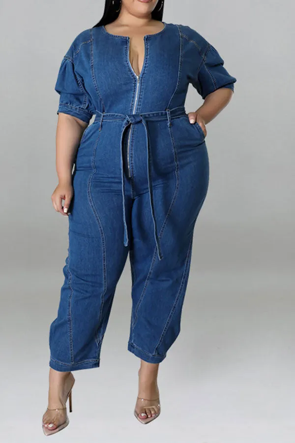 storexq Solid Color Casual Zipper Denim Jumpsuit With Belt