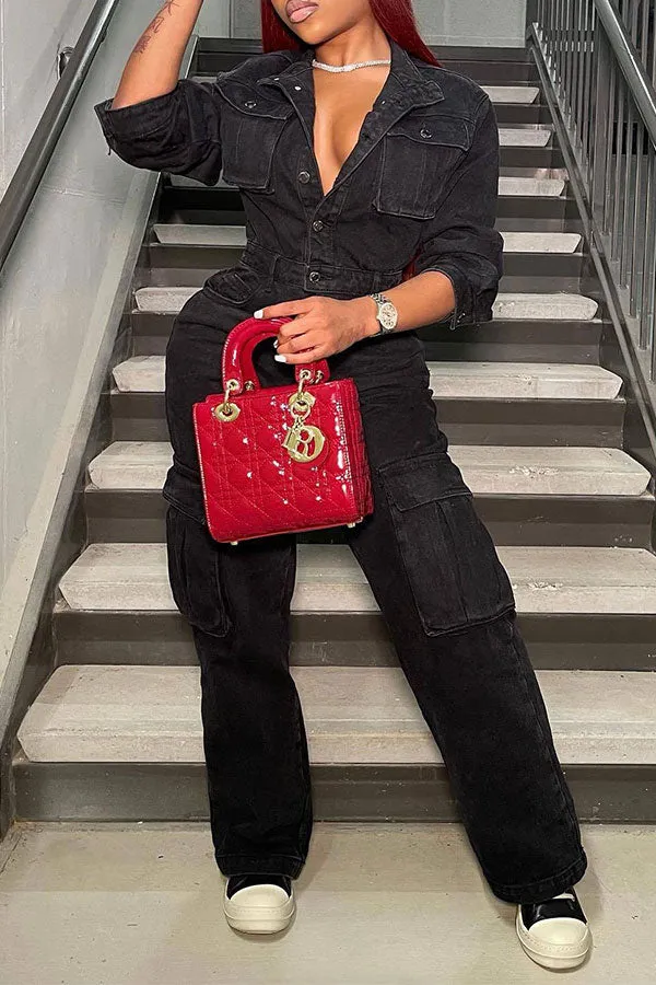 storexq Solid Color Cool Multi Pocket Denim Jumpsuit