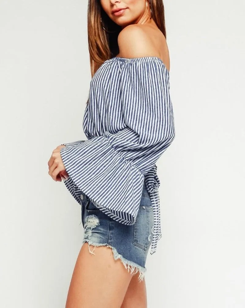 Stripe Off The Shoulder Bell Sleeve Tie Waist Crop Top