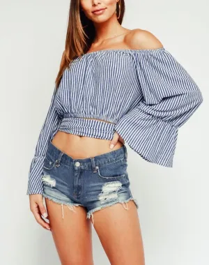 Stripe Off The Shoulder Bell Sleeve Tie Waist Crop Top