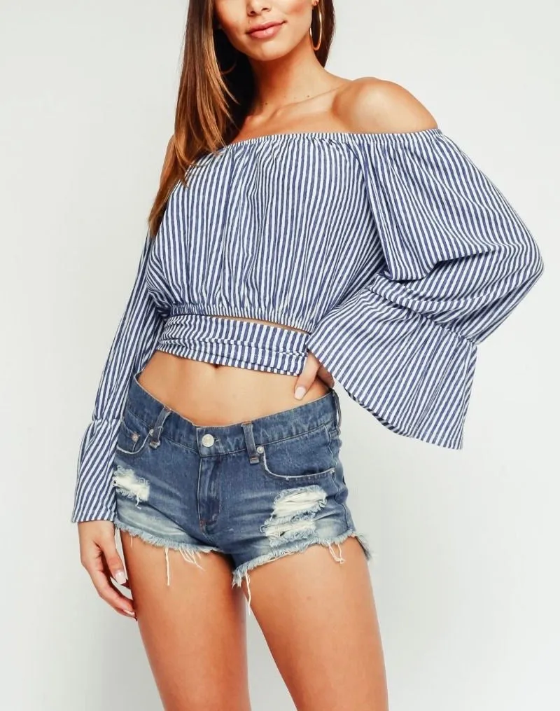 Stripe Off The Shoulder Bell Sleeve Tie Waist Crop Top