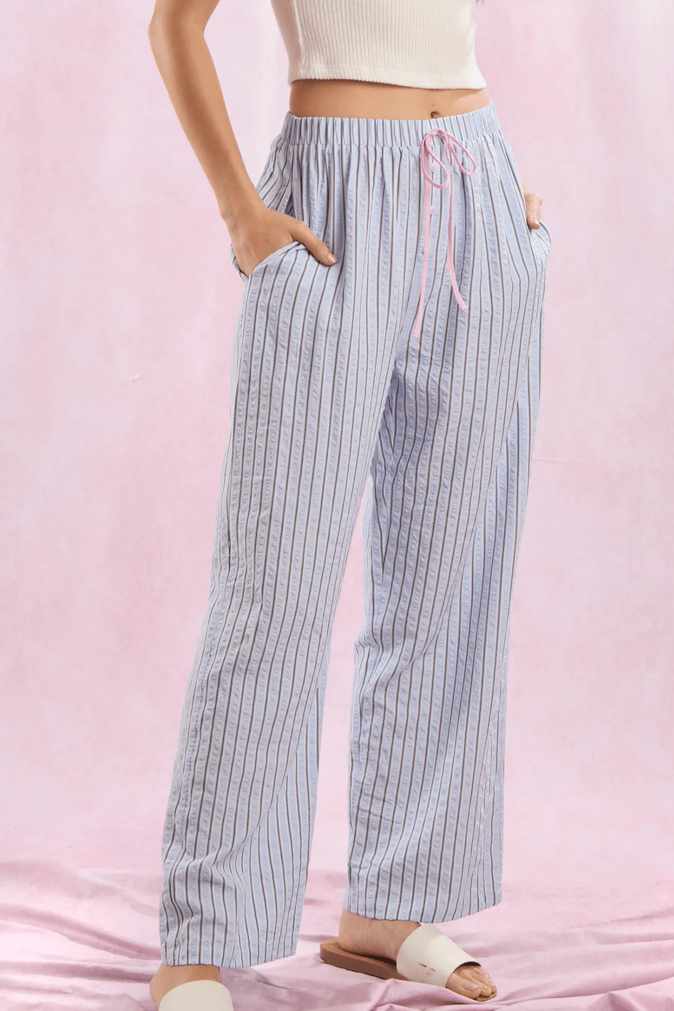 Stripe waist ribbon pants