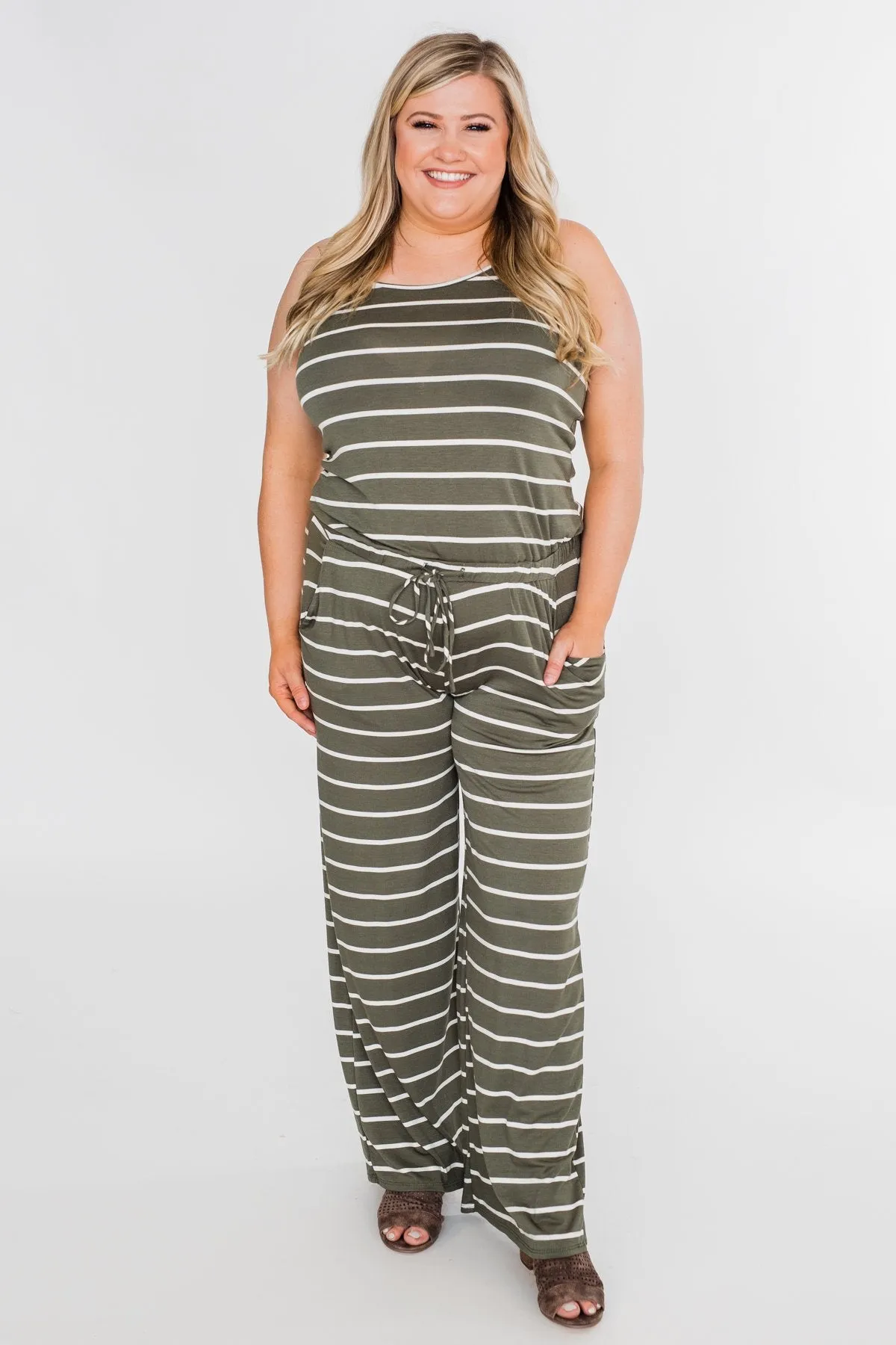 Striped Drawstring Jumpsuit- Ivory & Olive