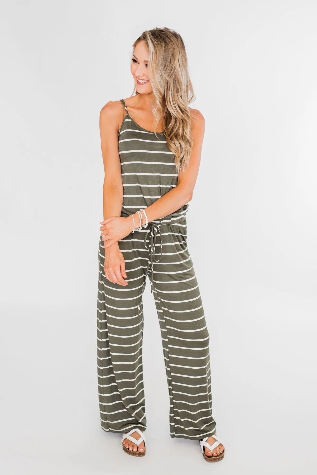 Striped Drawstring Jumpsuit- Ivory & Olive