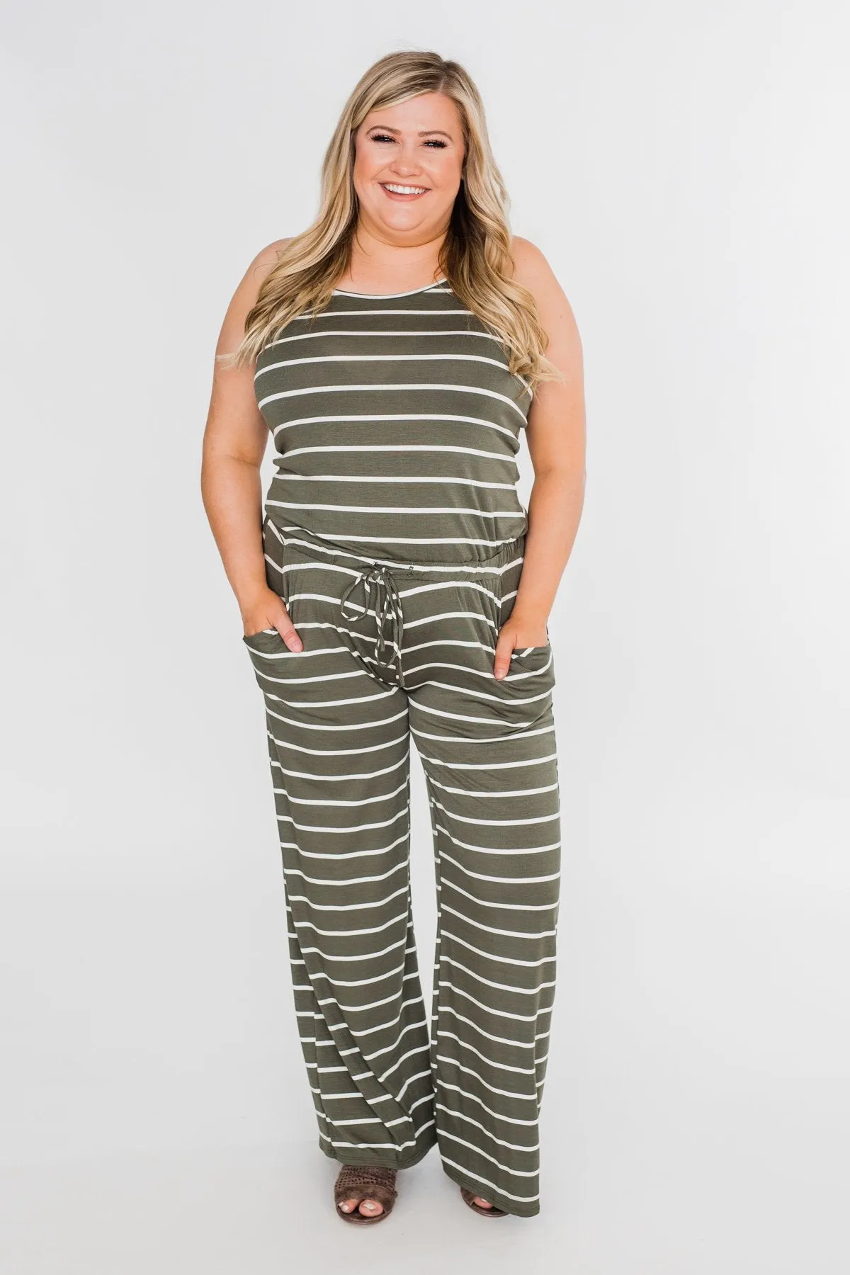 Striped Drawstring Jumpsuit- Ivory & Olive