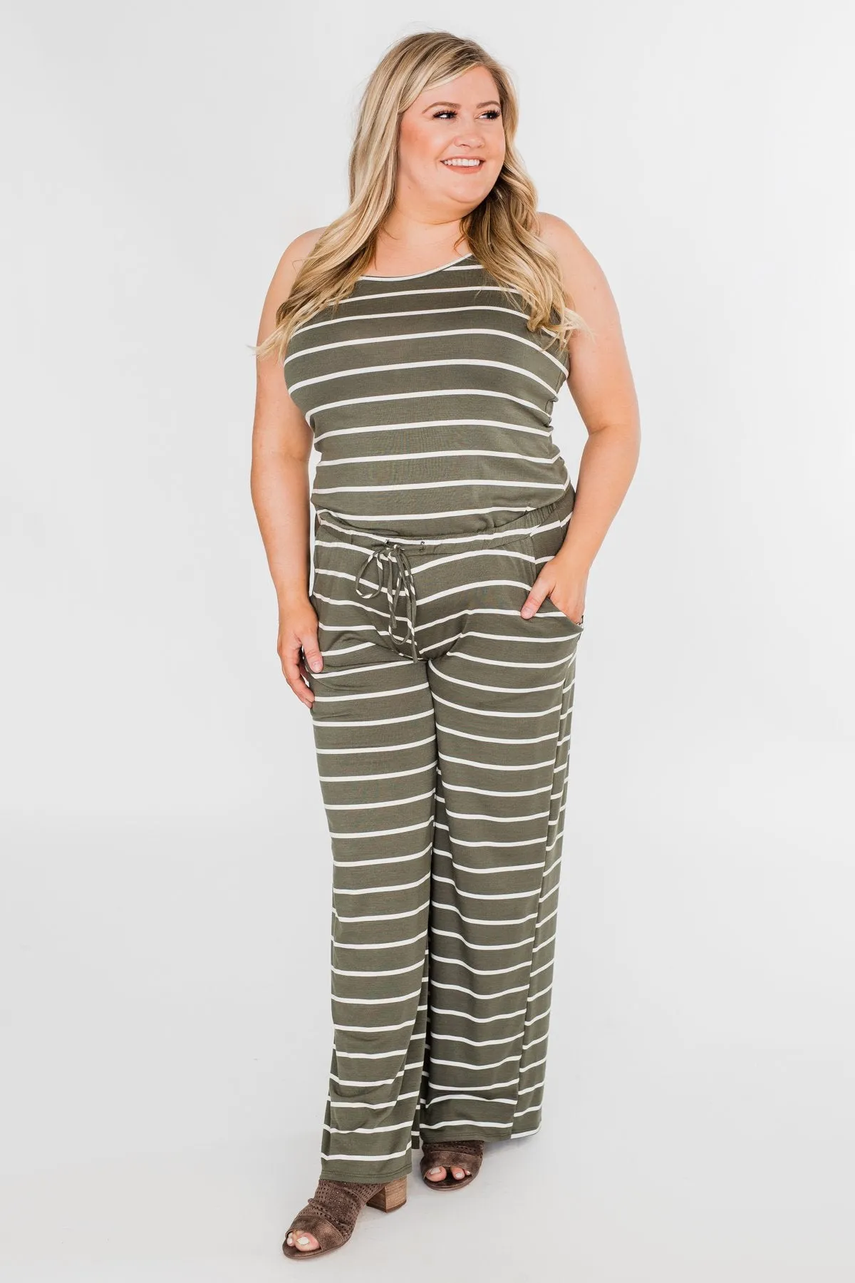 Striped Drawstring Jumpsuit- Ivory & Olive