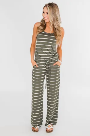 Striped Drawstring Jumpsuit- Ivory & Olive
