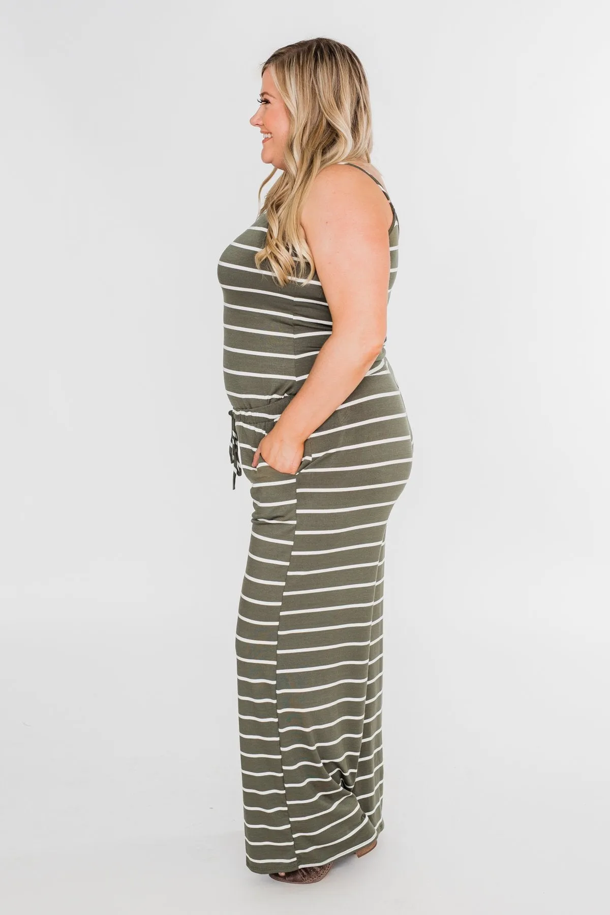 Striped Drawstring Jumpsuit- Ivory & Olive