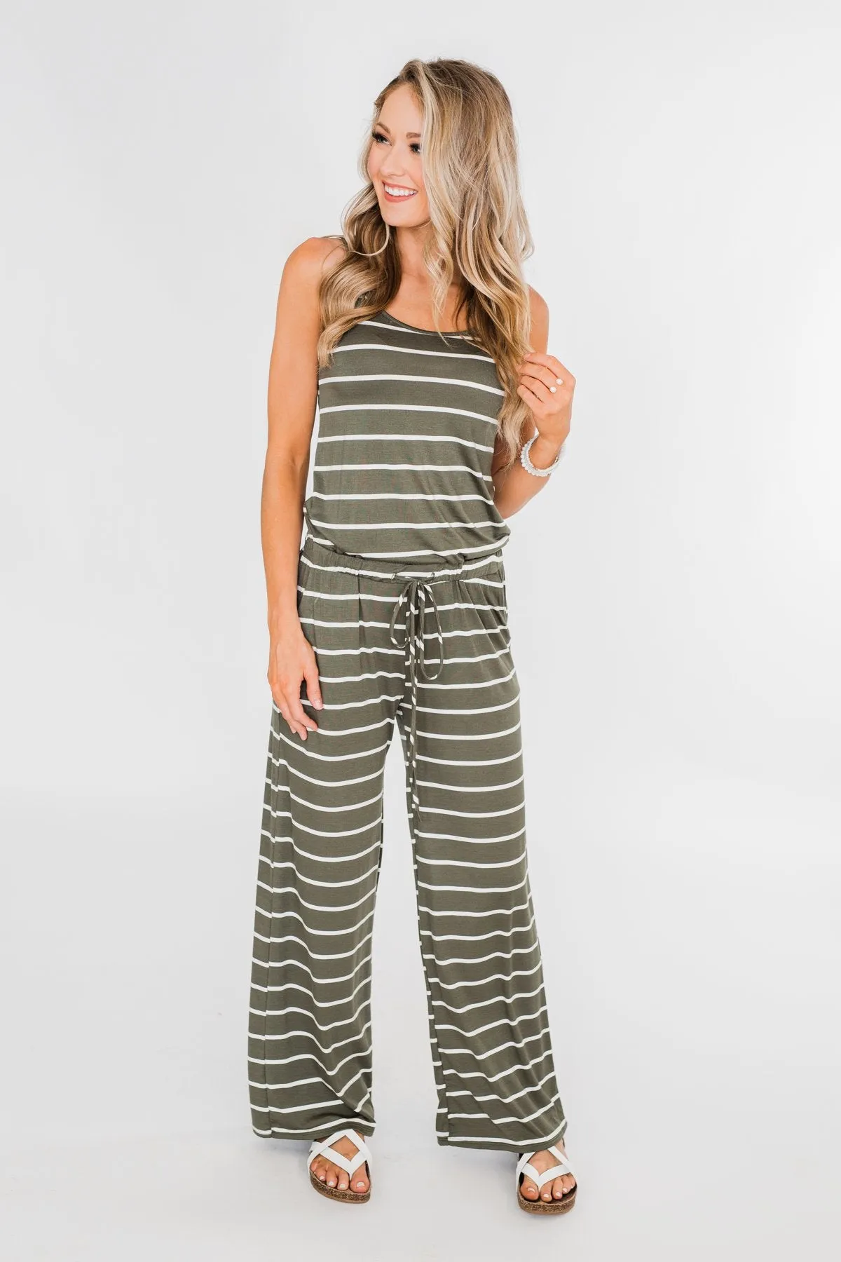 Striped Drawstring Jumpsuit- Ivory & Olive