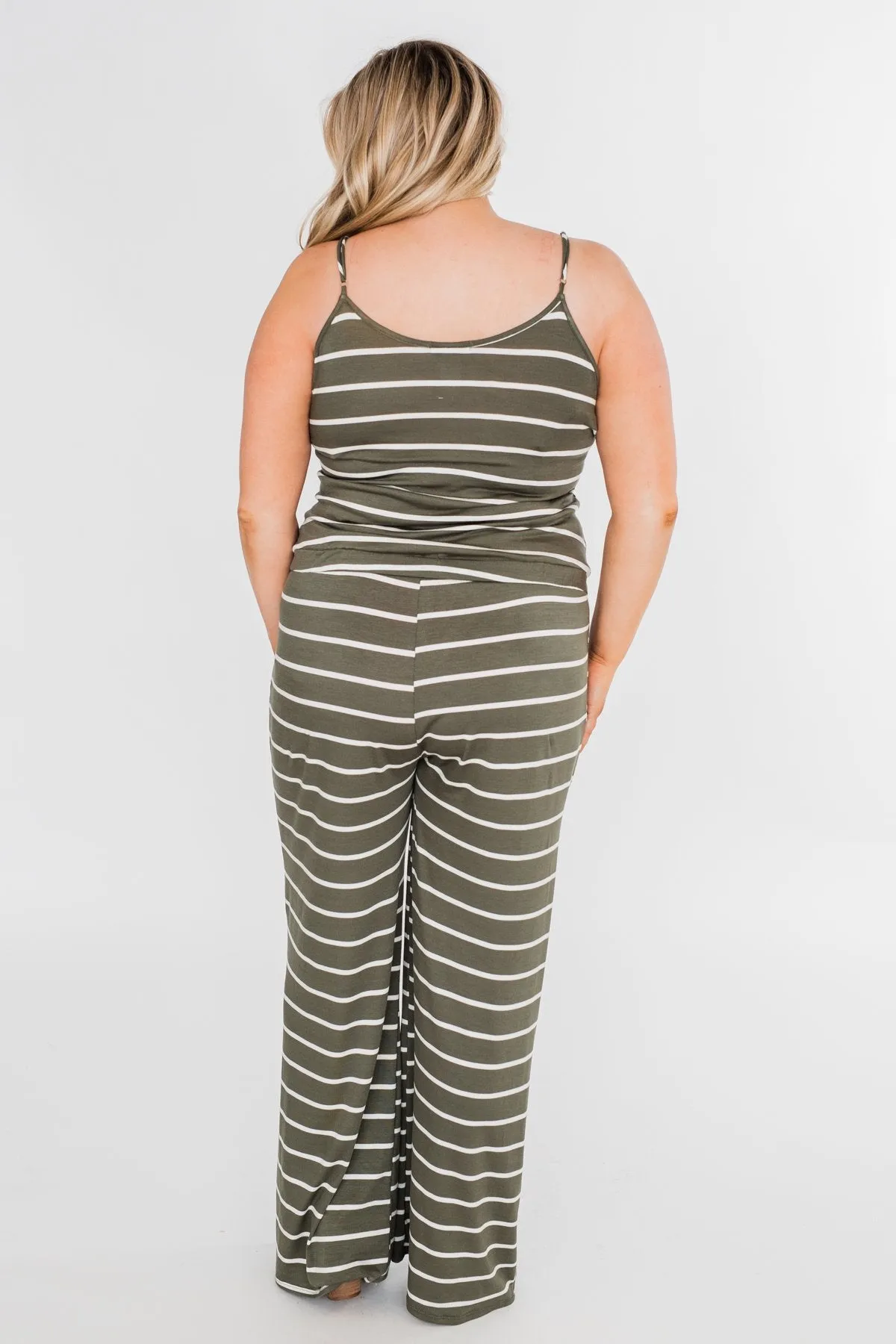 Striped Drawstring Jumpsuit- Ivory & Olive