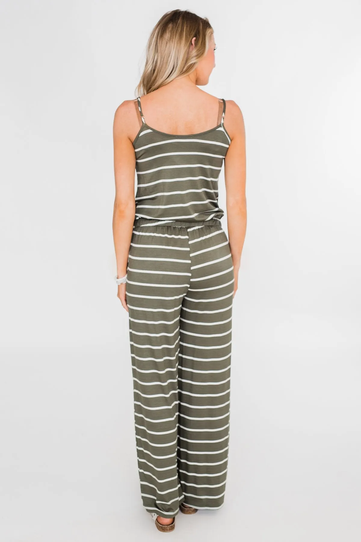 Striped Drawstring Jumpsuit- Ivory & Olive