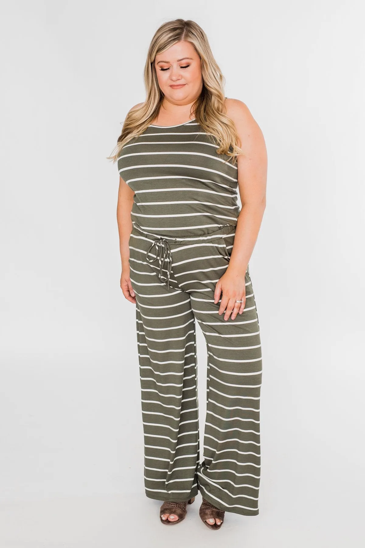 Striped Drawstring Jumpsuit- Ivory & Olive