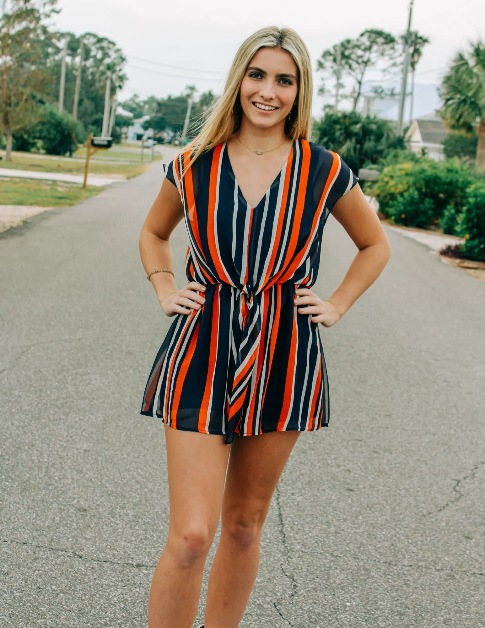 Striped Drop-Shoulder Tie Romper