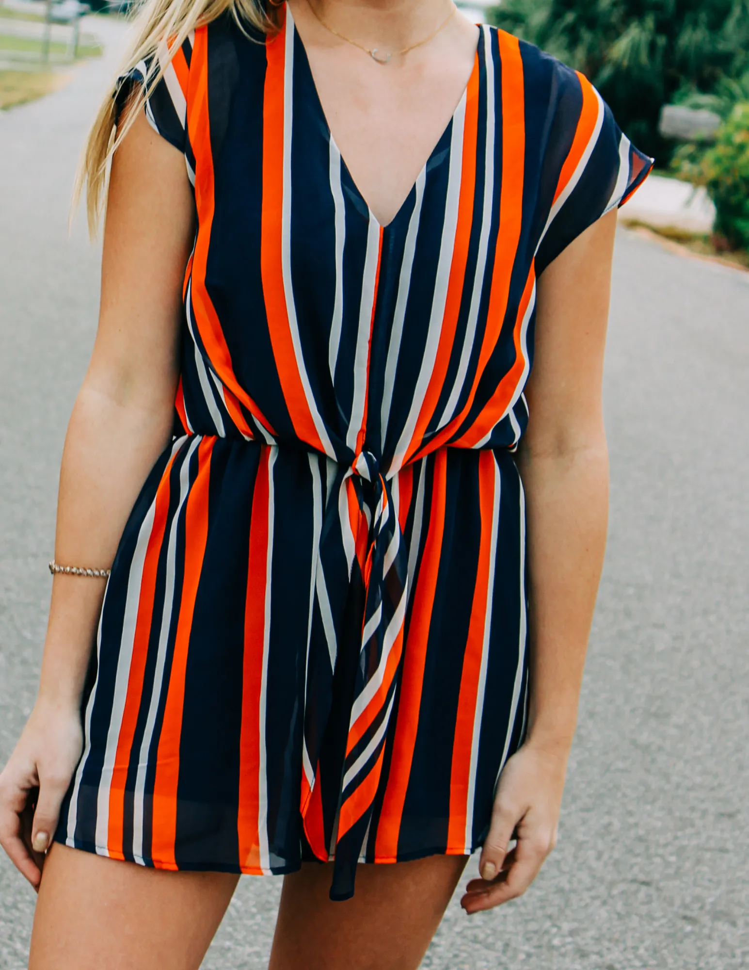 Striped Drop-Shoulder Tie Romper