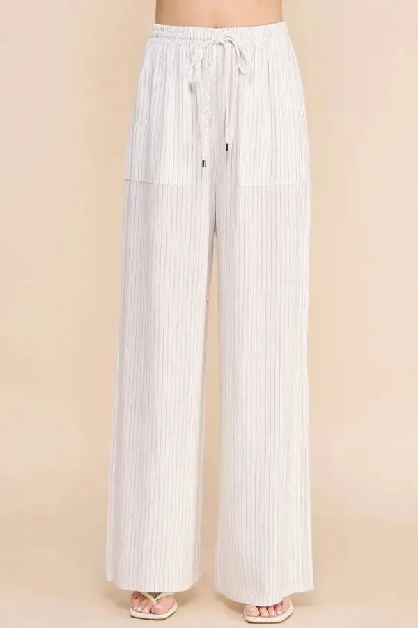STRIPED LINEN SMOCK WAIST PANTS
