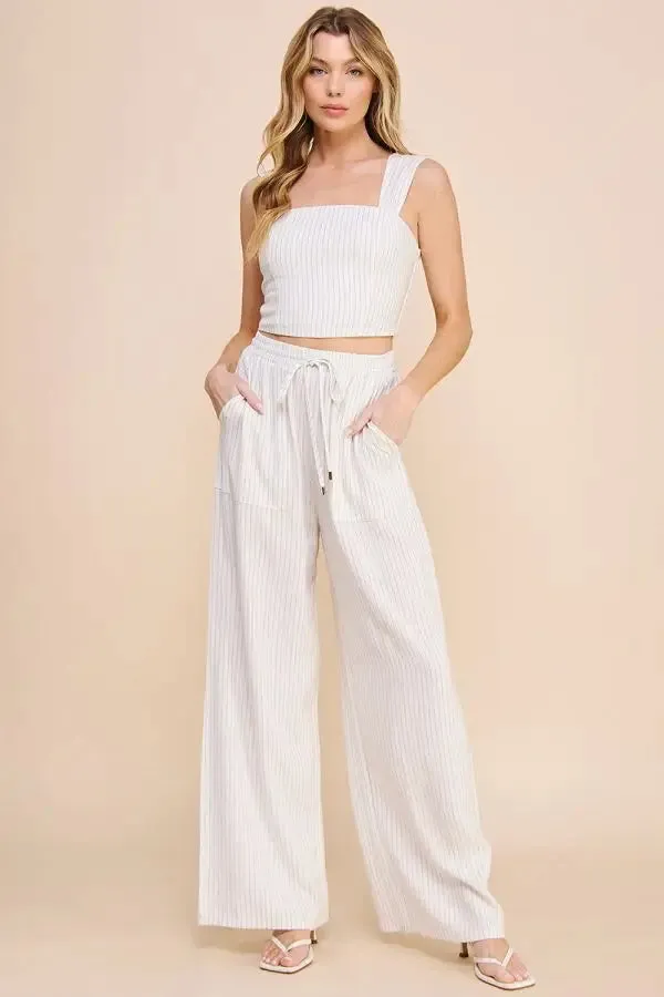 STRIPED LINEN SMOCK WAIST PANTS