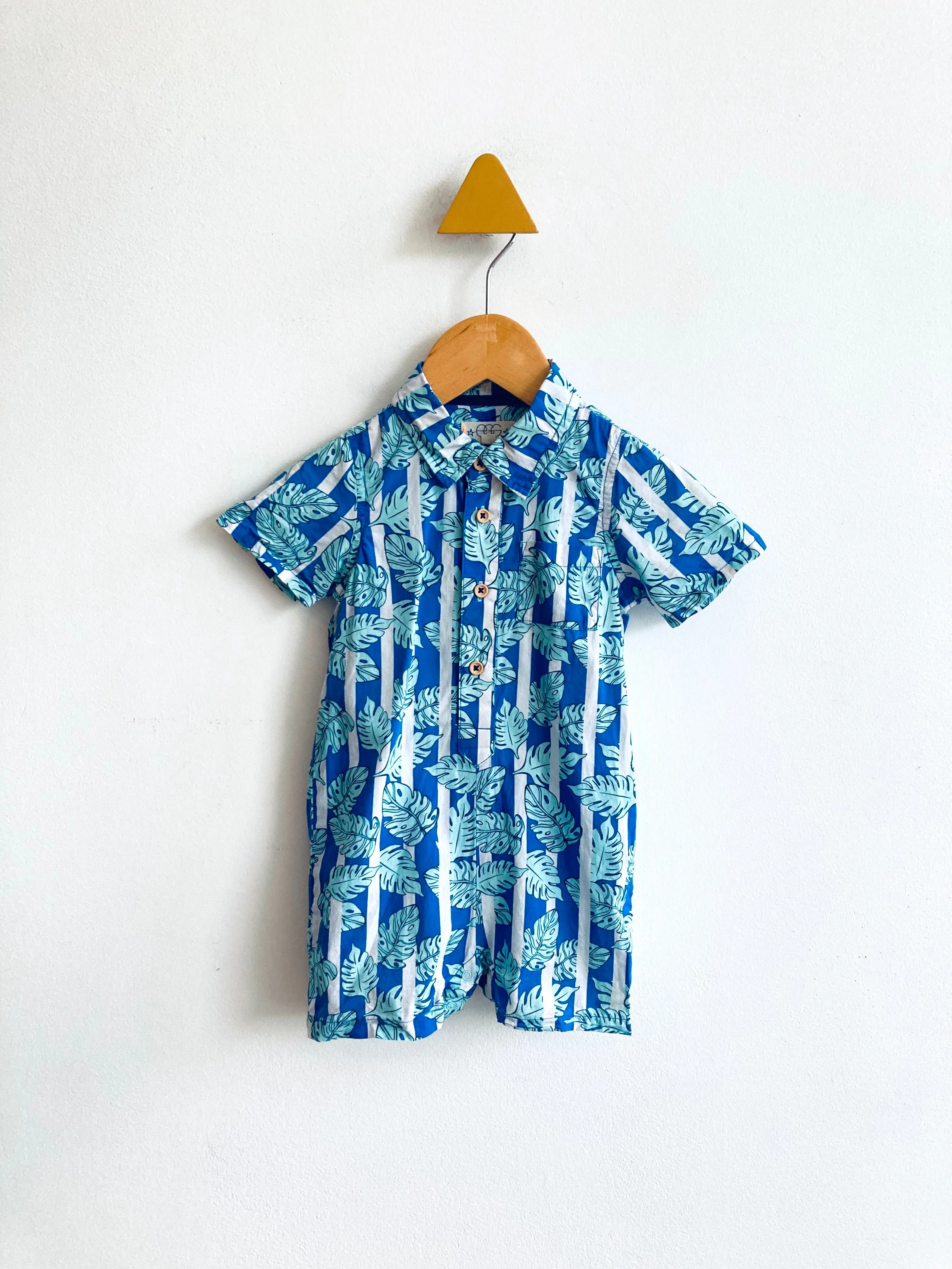 Striped Monsterra Leaf Romper // 12M