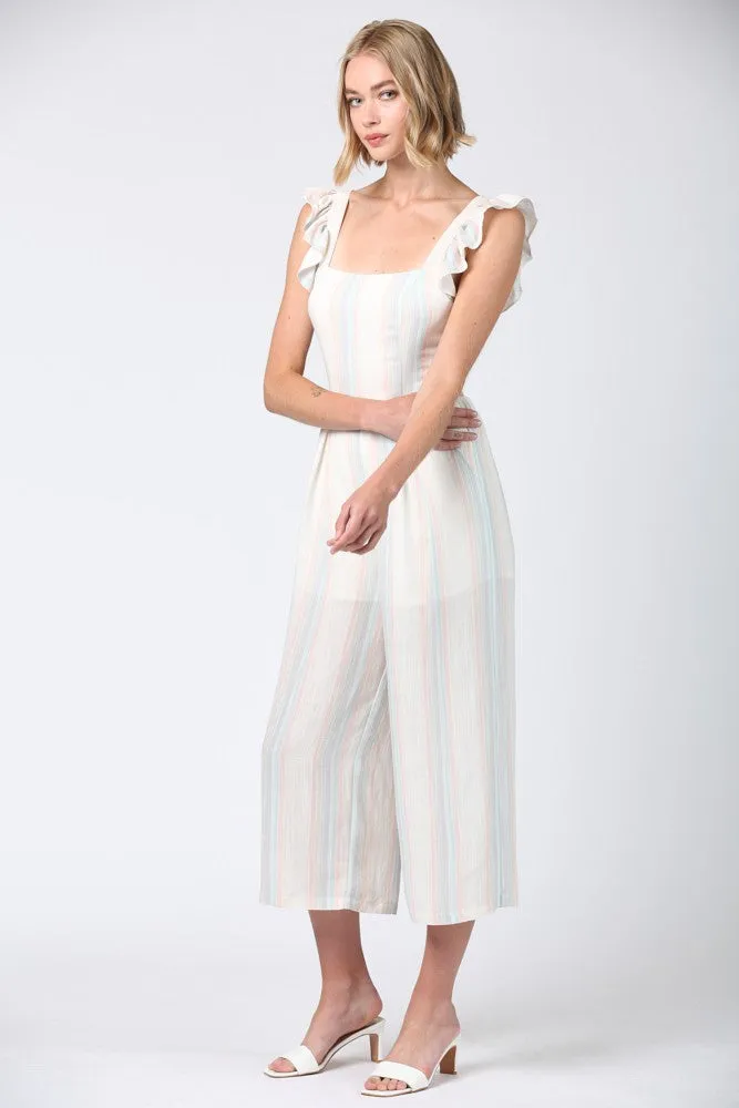 STRIPED RUFFLE SLEEVE ROMPER