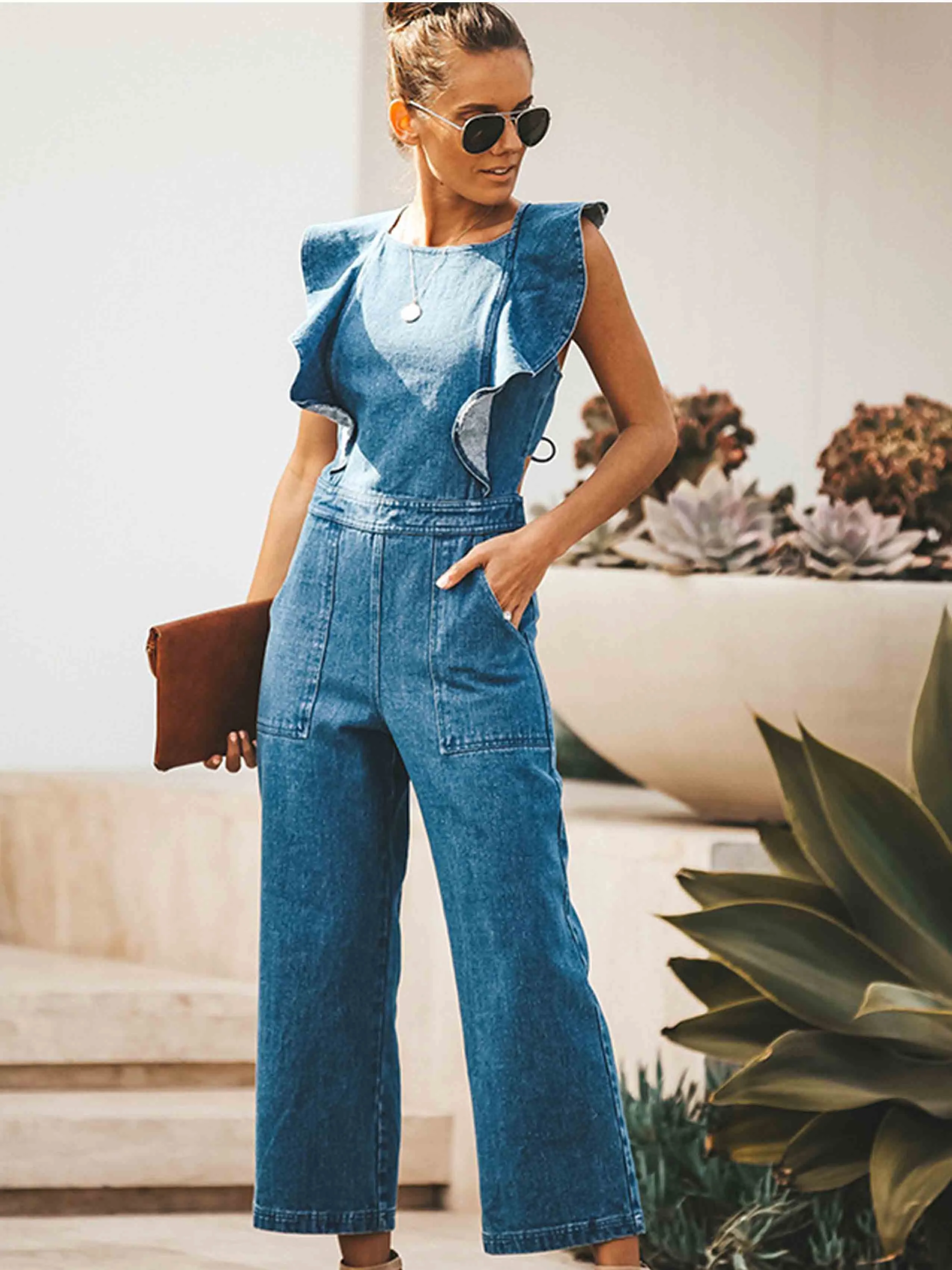 Stunncal O Neck Flouncing Denim Jumpsuit