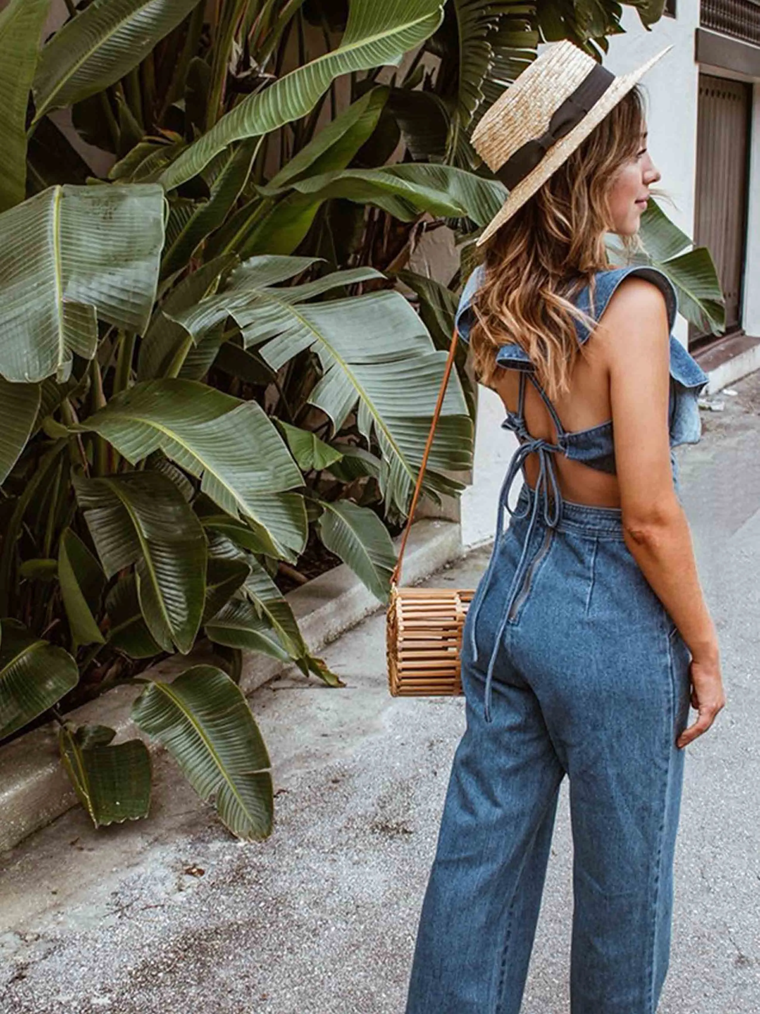 Stunncal O Neck Flouncing Denim Jumpsuit