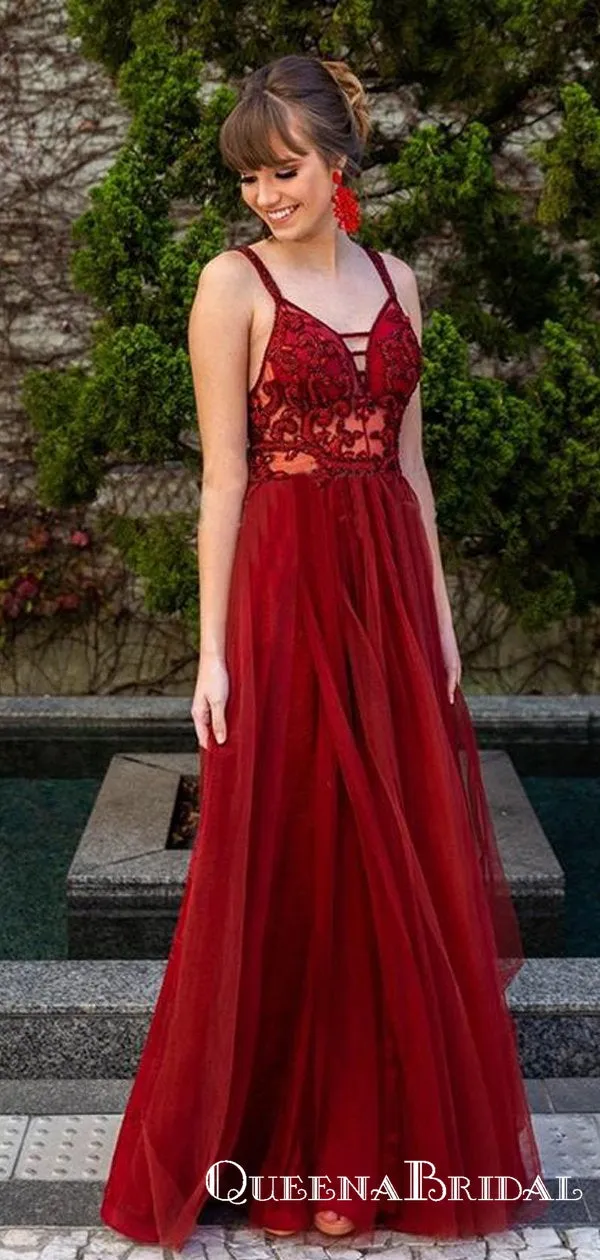 Stunning A-Line V Neck Open Back Burgundy Tulle Long Prom Dresses with Lace, QB0569