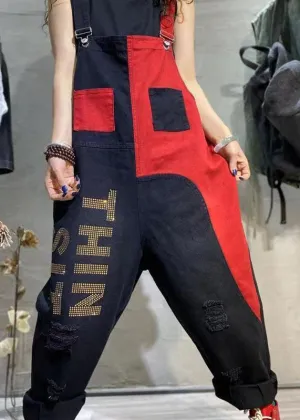 Stylish Colorblock Ripped Denim Spaghetti Strap Jumpsuits