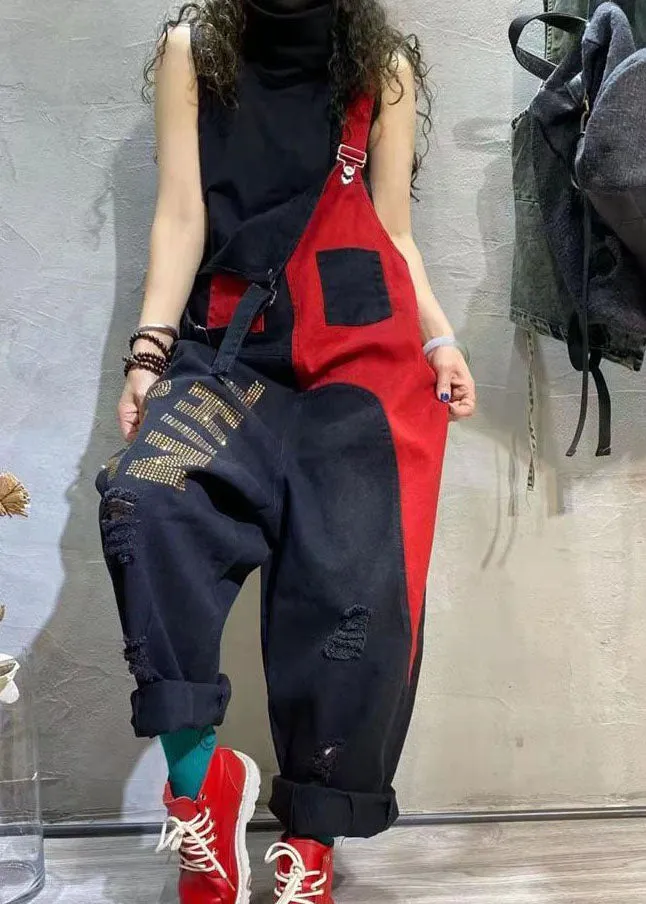 Stylish Colorblock Ripped Denim Spaghetti Strap Jumpsuits