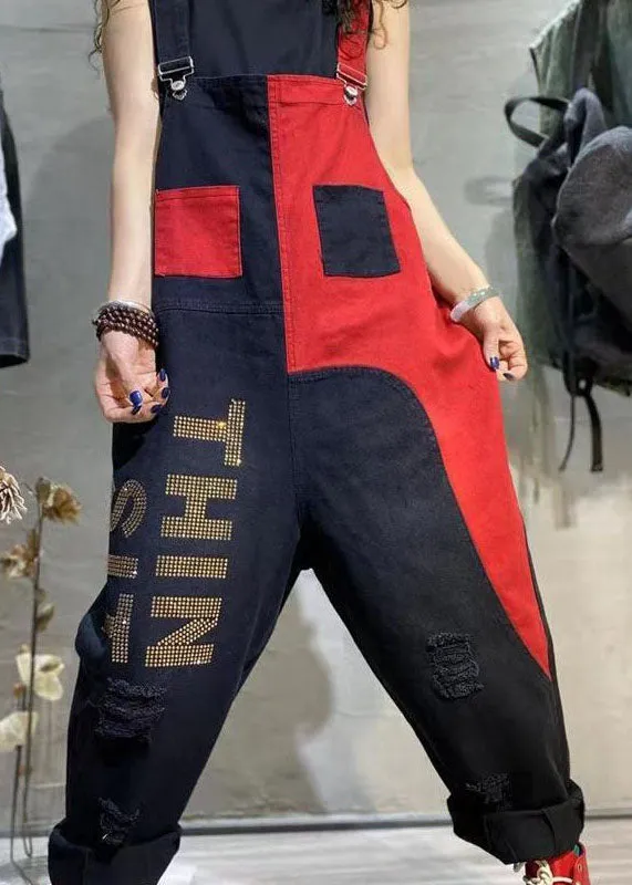 Stylish Colorblock Ripped Denim Spaghetti Strap Jumpsuits