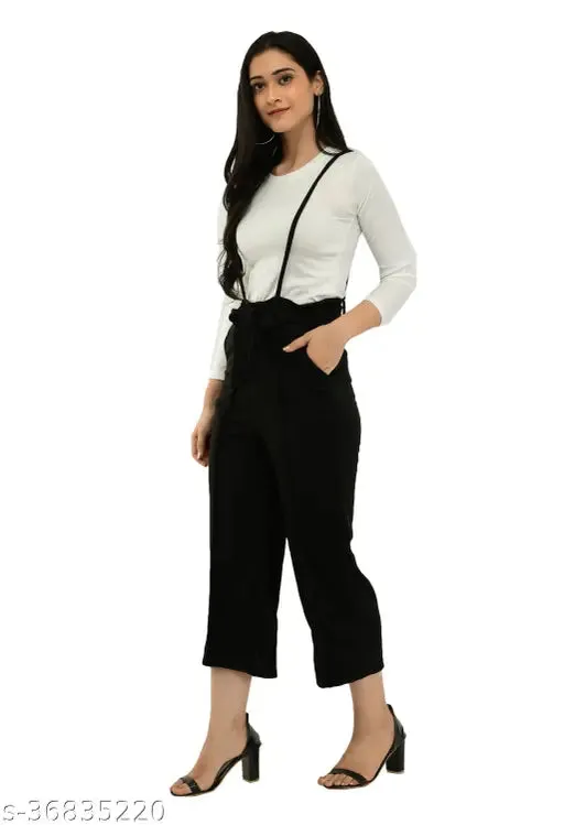 Stylish Graceful Urbane Latest Women Partywear Pretty Comfy  Fashionable Two Pieces Black Dungaree Set 1 Full Sleeve Round Neck White T Shirt  1 Black Fabulous Jumpsuits Size S28 M30 L32  XL34