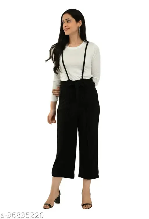 Stylish Graceful Urbane Latest Women Partywear Pretty Comfy  Fashionable Two Pieces Black Dungaree Set 1 Full Sleeve Round Neck White T Shirt  1 Black Fabulous Jumpsuits Size S28 M30 L32  XL34