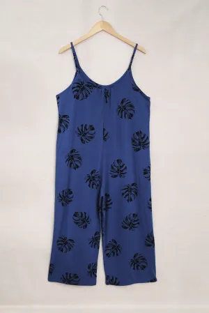 Summer Blue Palm Leaves Print Spaghetti Strap Wide Leg jumpsuit