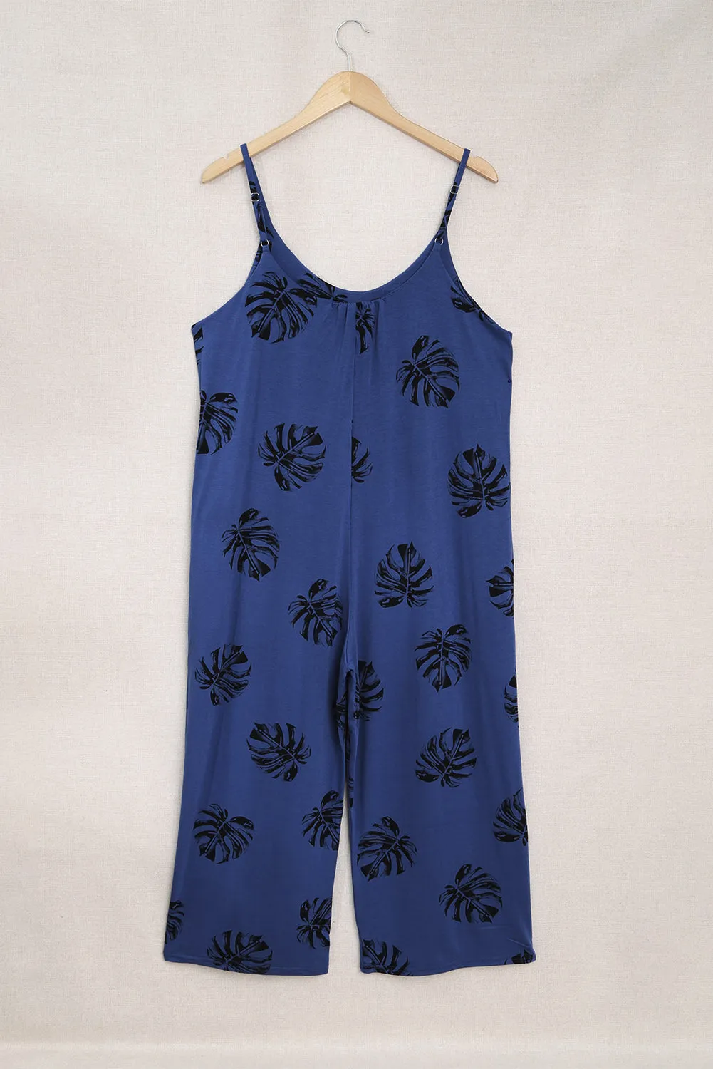 Summer Blue Palm Leaves Print Spaghetti Strap Wide Leg jumpsuit