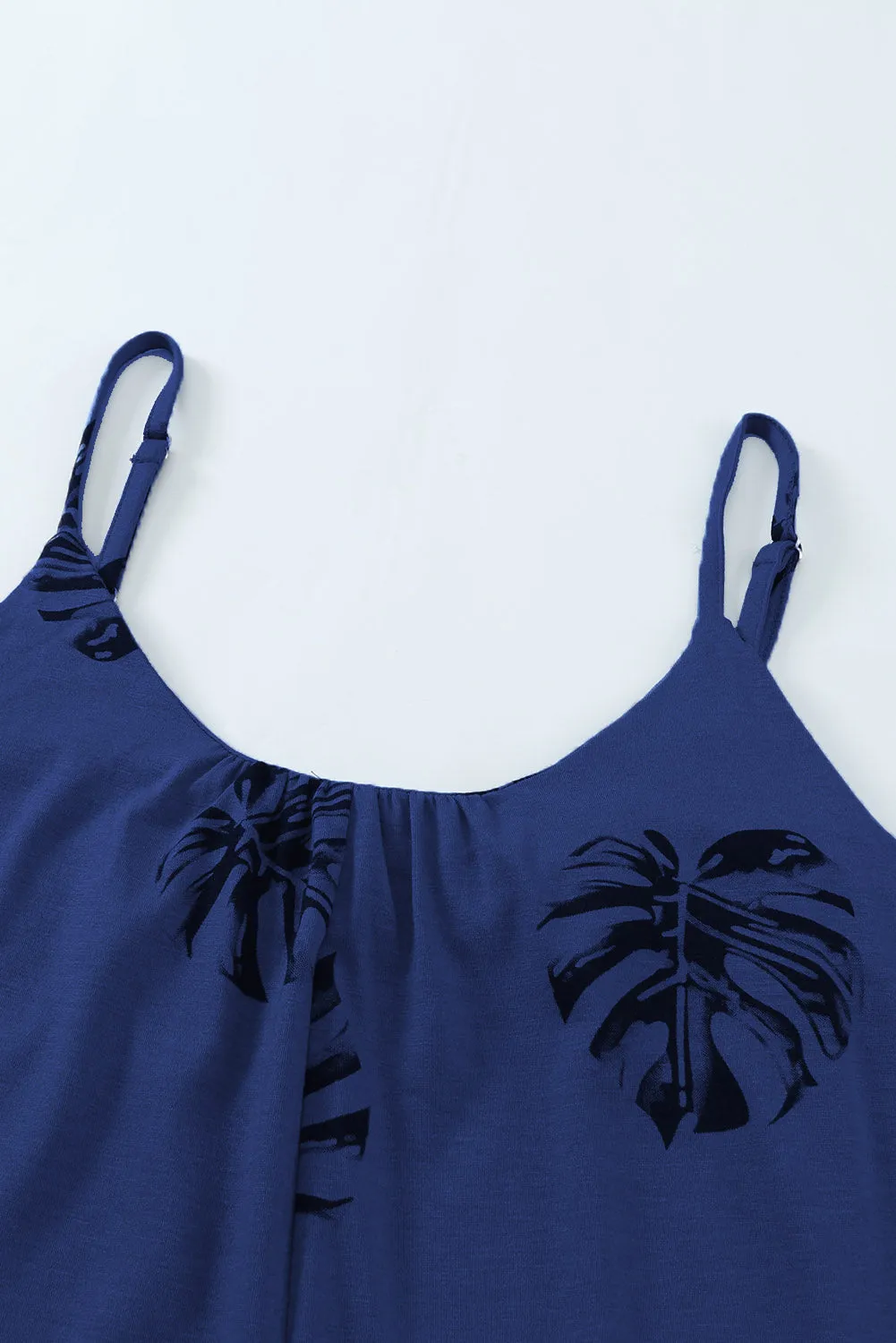Summer Blue Palm Leaves Print Spaghetti Strap Wide Leg jumpsuit