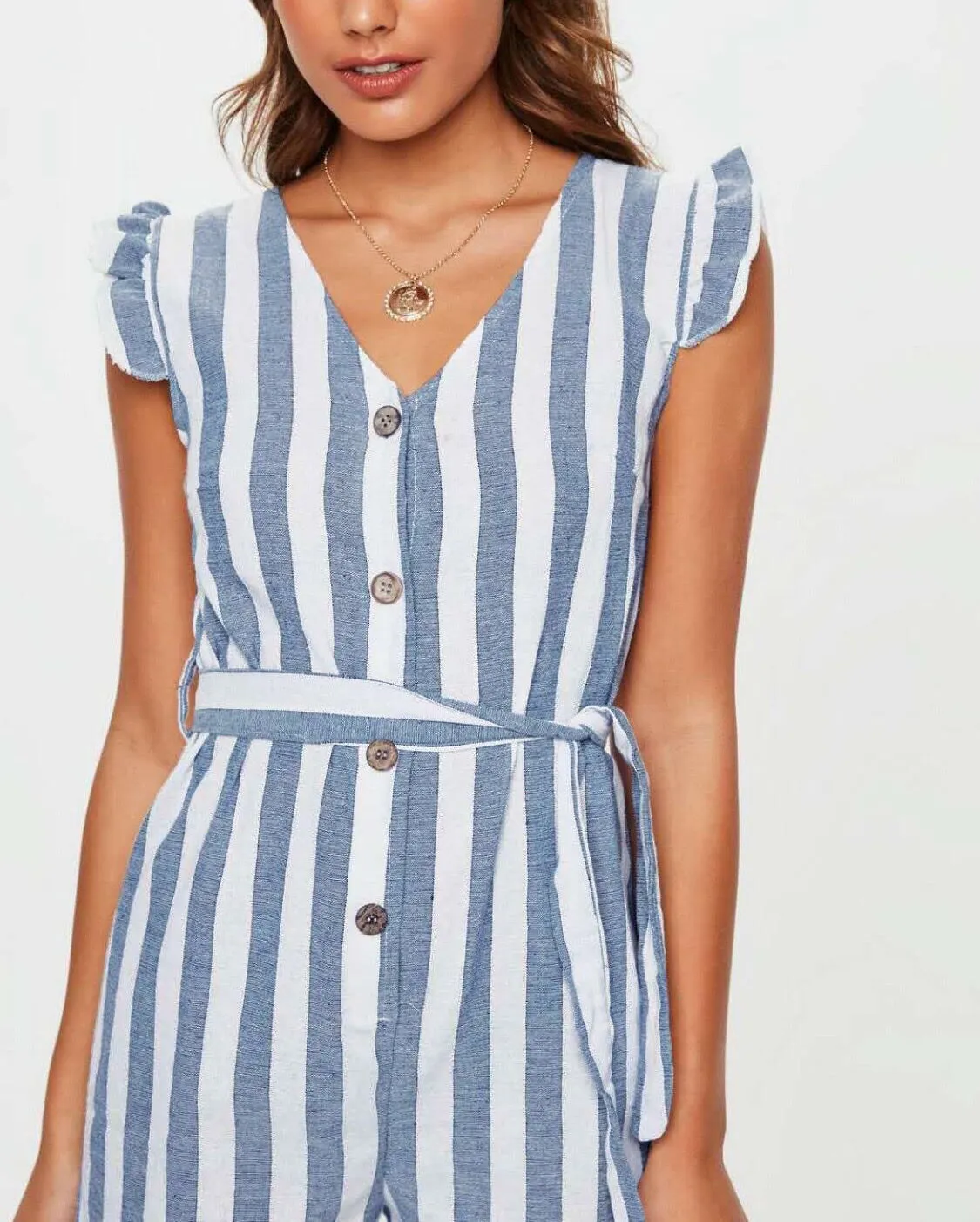 Summer V-neck Single-breasted Striped Jumpsuit